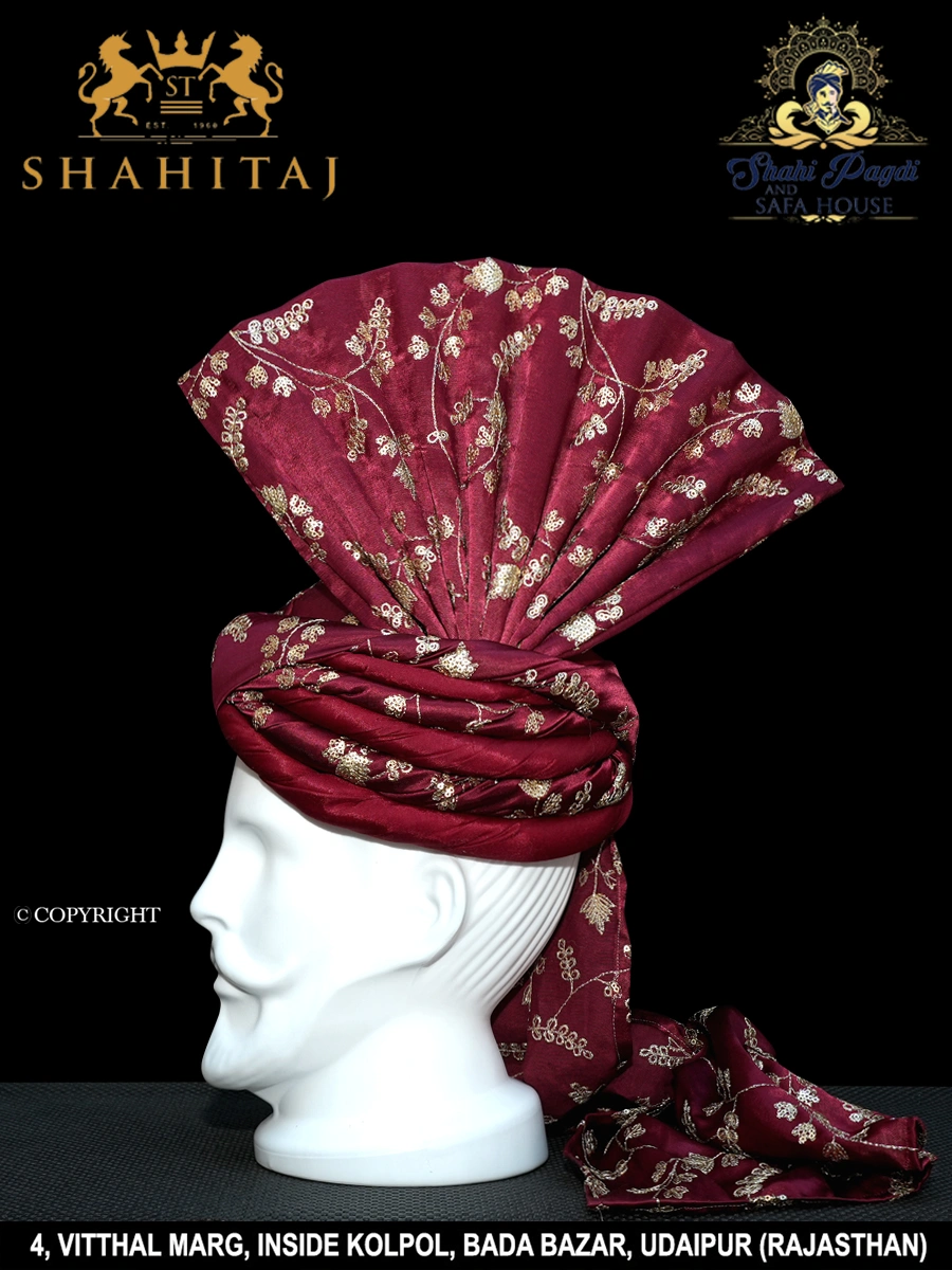 S H A H I T A J Kulla Muslim Weddings and Social Occasions Maroon heavy Pagdi Safa or Turban for Kids and Adults (RT957)-21-4