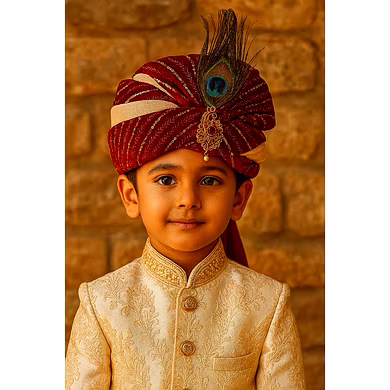 S H A H I T A J Traditional Red &amp; cream velvet safa children Pagdi Safa or Turban for God&#039;s Idol/Kids/Adults (RT569)-RT569