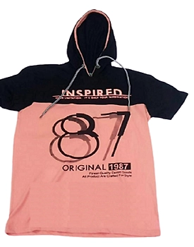 Striped Men Hooded Neck Black, Pink Half Sleeves T-Shirt