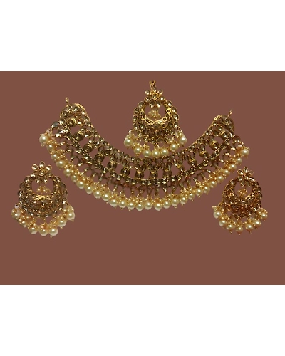 Traditional Gold Plated Pearl Necklace Earrings Maang Tikka Set-WN00002