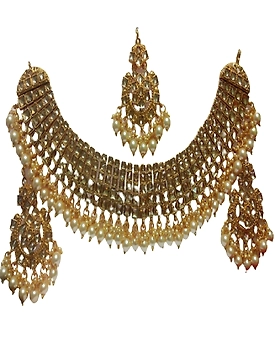 Latest Design Gold Plated Pearl Necklace Earrings Maang Tikka Set+