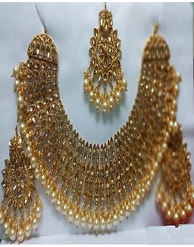 Gold Plated Pearl Necklace Earrings Maang Tikka Set