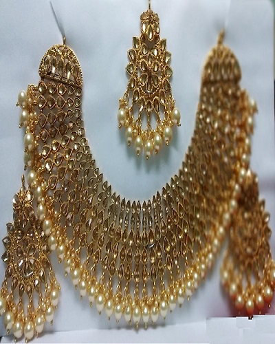 Gold Plated Pearl Necklace Earrings Maang Tikka Set-WN00004