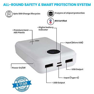 EVM Enable+ 10000 mAh Lithium Polymer Power Bank with Digital Indicator and 2 Years Warranty-White-3
