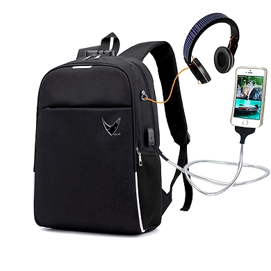 Rynok Anti Theft Canvas Black Travel 15.6-inch Laptop Backpack with Headphone &amp; USB Through Port-RYLB