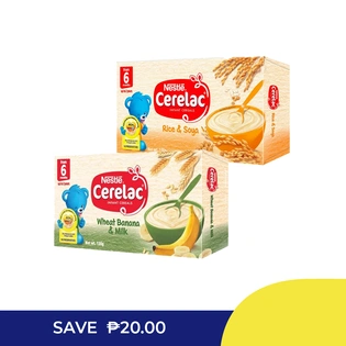 SAVE P20 Cerelac Wheat Banana & Milk 120g and Cerelac Rice & Soya DHA 120g