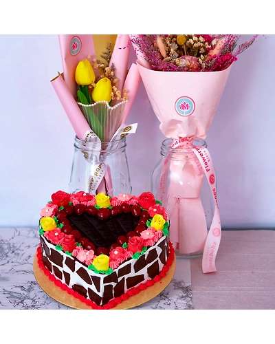 Black Forest Heart Cake 8in-With flowers-Mina-Pink-1