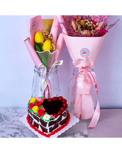 Black Forest Heart Cake petite 5in-With flowers-Mina-Pink-1