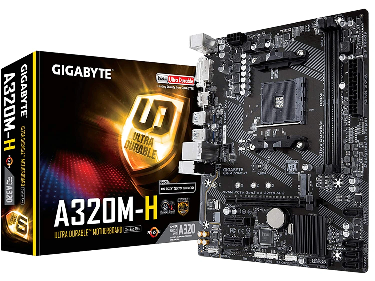 Gigabyte GA-A320M-H Ultra Durable AMD AM4 Motherboard with Hybrid Digital VRM Solution, NVMe PCIe 3.0 x4 22110 M.2, Realtek GbE LAN with cFosSpeed-Gigabyte-A320M-H