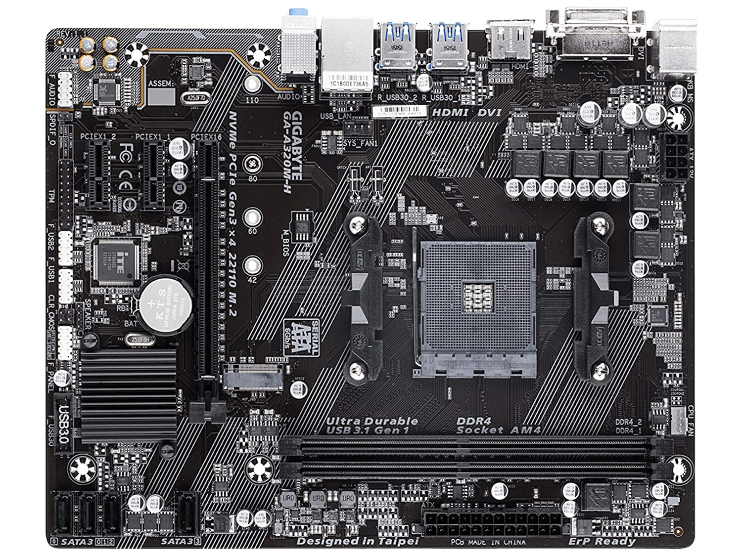 Gigabyte GA-A320M-H Ultra Durable AMD AM4 Motherboard with Hybrid Digital VRM Solution, NVMe PCIe 3.0 x4 22110 M.2, Realtek GbE LAN with cFosSpeed-1