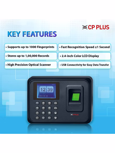 CP PLUS Fingerprint Time and Attendance Machine for Small Businesses - Biometric System with 1000 User Capacity CP-VTA-T2324-U-2
