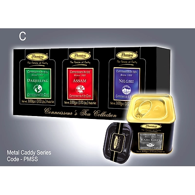 Premier's Tea Limited Black Board Gift Box Set with assorted whole leaf tea in elegant metal caddies