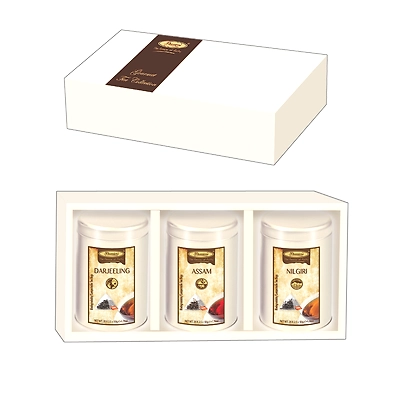 Premier's Tea Limited White Board Gift Box Set with biodegradable tea bags in elegant metal caddies