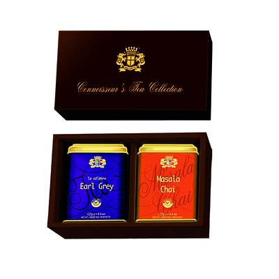 premier's tea limited elegant gift box set with assorted whole leaf tea in designer metal caddies
