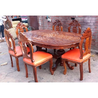 Ace Wood Crafts Classic 6 Seater Handcarved Wooden Dining Set-DININGSET02OVL