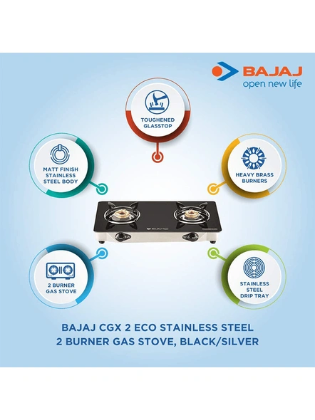 Bajaj CGX2 Eco Glass Top 2 Burner Black Gas Stove-2-Glasstop-2 years on product 5 years on burner-1