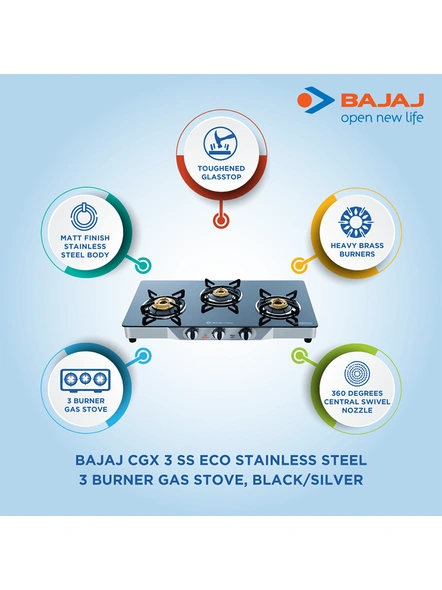 Bajaj CGX3 Eco Glass Top 3 Burner Black Gas Stove/Cooktop-3-Glasstop-2 years on product 5 years on burner-1