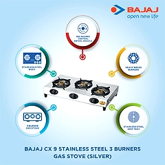 Bajaj CX 9 Stainless Steel 3 Burner Gas Stove – Efficient & Stylish Cooking