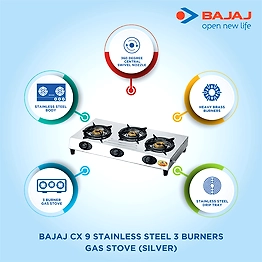 Bajaj CX 9 Stainless Steel 3 Burner Gas Stove – Efficient & Stylish Cooking