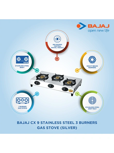 Bajaj CX 9 Stainless Steel 3 Burner Gas Stove-cx9
