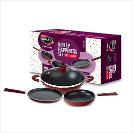 Nirlep Selec+ Non Stick Happiness Set, Induction Compatible Flat Tawa, Fry Pan & Kadhai with Glass Lid