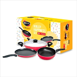Nirlep Sakhi Non Stick Happiness Set, Induction Compatible Flat Tawa, Fry Pan & Kadhai with SS Lid