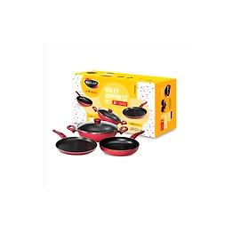 Nirlep Sakhi Non Stick Happiness Set, Induction Compatible Flat Tawa, Fry Pan & Kadhai with Glass Lid