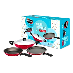 Nirlep Aspa Non-Stick Happiness Set, Flat Tawa, Fry Pan & Kadhai with SS Lid