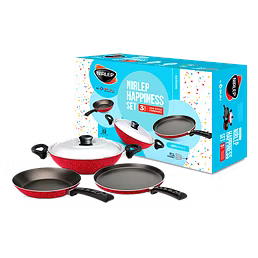 Nirlep Aspa Non-Stick Happiness Set, Flat Tawa, Fry Pan &amp; Kadhai with SS Lid