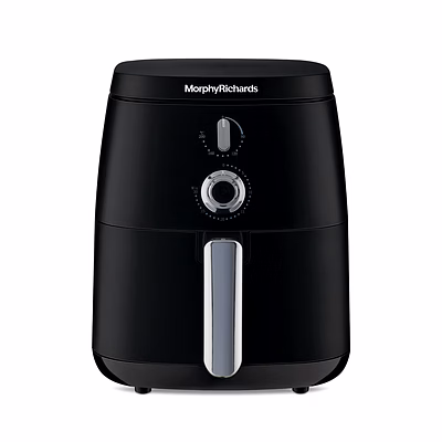 morphy richards 5 litre classic air fryer|easy knob control|adjustable time & temperature control|voltage fluctuation protection|non-stick coated basket, accessories|2-yr warranty|black|1500w