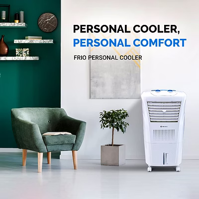 bajaj frio 23l personal air cooler with honeycomb pads, typhoon blower technology, powerful air throw and 3-speed control,