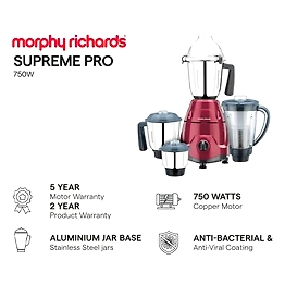 MORPHY RICHARDS Mixer Grinder Supreme PRO 750W (640126) Metallic RED & Dark Grey