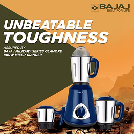bajaj military series glamore 800w mixer grinder | 3 stainless steel military grade jars* | duracut