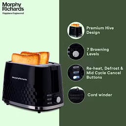 Morphy Richards Hive Series 850W 2-Slice Pop-Up Toaster – Glossy Black Finish, 7 Browning Levels, Reheat & Defrost Functions