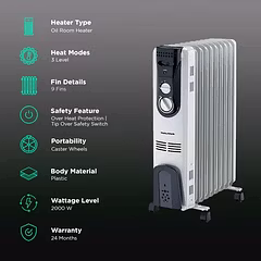 Morphy Richards OFR 900+ 2000W Oil-Filled Radiator Room Heater | 9 Fins, Tip-Over Safety, Thermostat, 3 Heat Settings, White