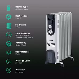 Morphy Richards OFR 900+ 2000W Oil-Filled Radiator Room Heater | 9 Fins, Tip-Over Safety, Thermostat, 3 Heat Settings, White