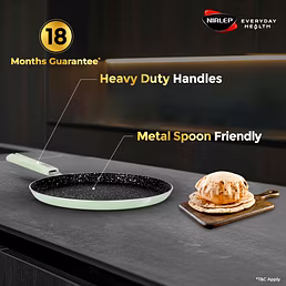 Nirlep NutriHealth Flat Tawa 29 cm | Silver Ion Coating | Metal Spoon Friendly | Soft Touch Handle | Non-Stick Tawa for Roti, Dosa & Pancake | 18-Month Guarantee