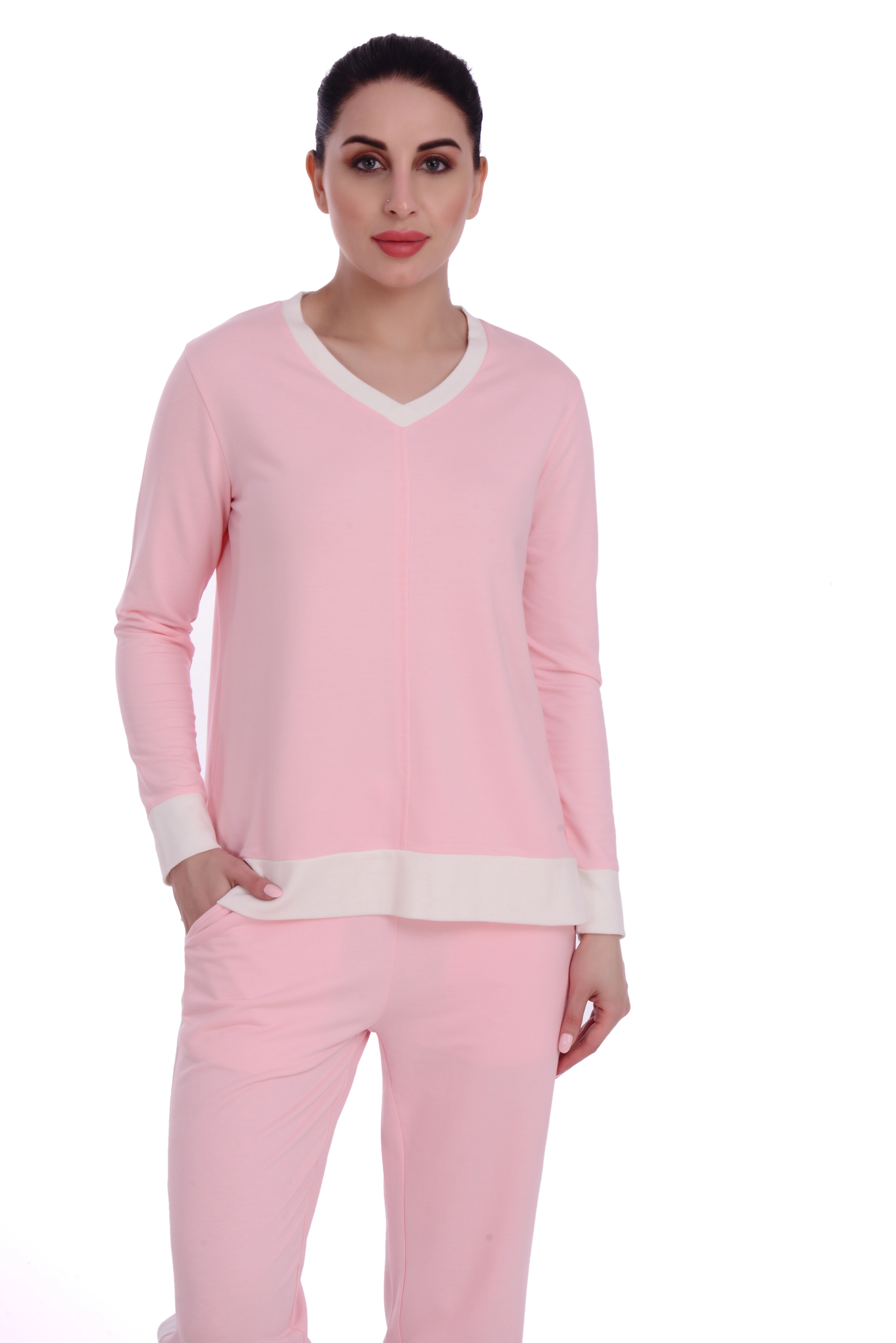 Skotch &amp; Ice Pink V neck Top-XL-28-Pink&amp;white-4