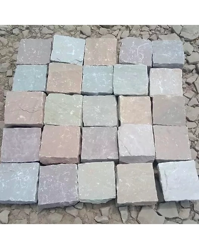 Yellow Multicolor Sandstone Cobble Stone Pavers outdoor garden cube cobble road paver stone Cheap Driveway Cobble Paving Stone-2