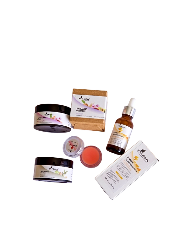 Wild Earth Complete Face Care Regime Set, handcrafted, Made for authentic, eco-certified plant ingredients | Vitamin C Face Serum - 30 ml | Saffron Almond Rejuvenating Face Mask - 50 gms | Night Repair Face Cream |Anti Aging Face Cream - 60 gms |Strawberry Lip Balm - 9 gms-WEFCS_01