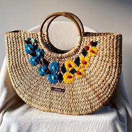 blue & yellow water reed handwoven embroidered handbag