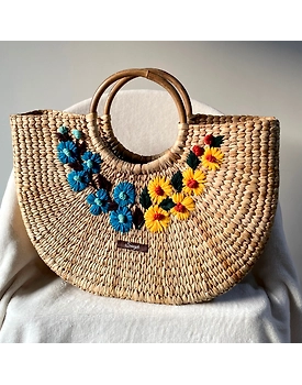 Blue & Yellow Water Reed Handwoven Embroidered Handbag