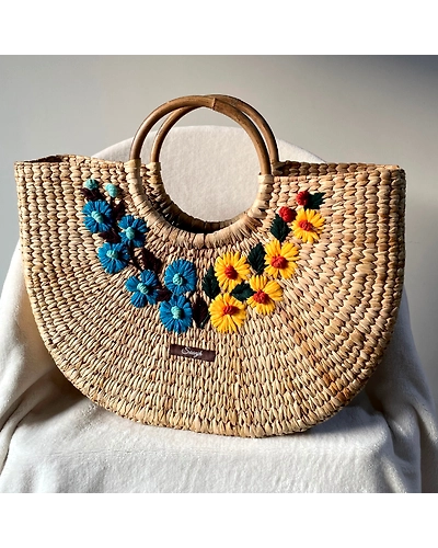 Blue &amp; Yellow Water Reed Handwoven Embroidered Handbag-12247560