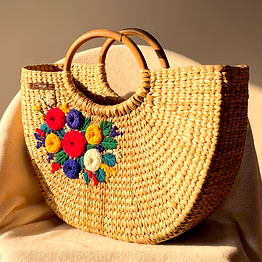 colourful flowers water reed handwoven embroidered handbag
