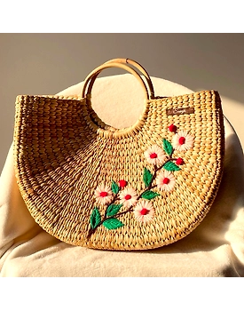 Curly Water Reed Handwoven Embroidered Handbag