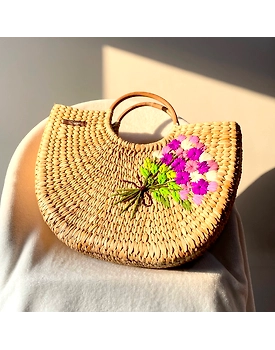 Purple & Pink Flowers Water Reed Handwoven Embroidered Handbag