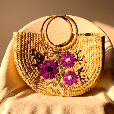 three purple flower water reed handwoven embroidered handbag