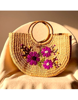 Three Purple Flower Water Reed Handwoven Embroidered Handbag