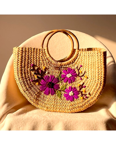 Three Purple Flower Water Reed Handwoven Embroidered Handbag-12249912