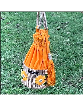 Kauna Velvet Hand-embroidered Potli Bag | Ethnic Boho Style Drawstring Purse | Saanjh Exclusive